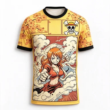 One Piece Wang Nami Full Screen Printed Manga Style Cherry Blossom Pirate Skull Number 03 Anime Mesh Loose Casual T-shirt