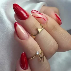 24pcs Short Almond Press on Nails Glossy Striped Print Fake Nails with Glue Full Cover Acrylic Oval False Nails with Design Tips