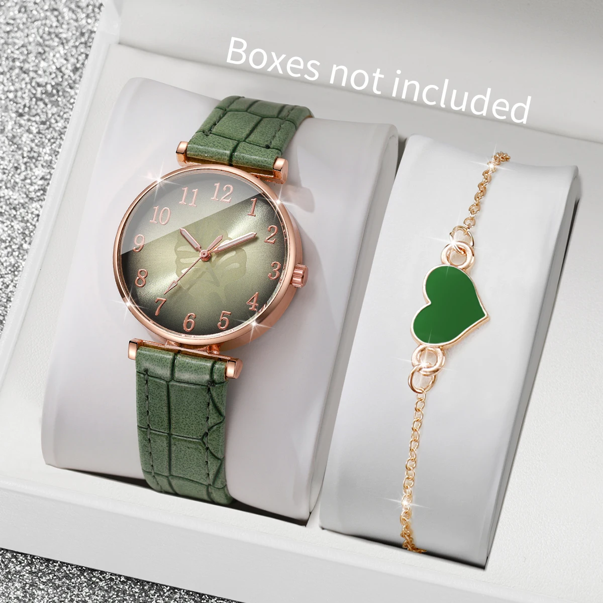

2PCS Fashion Leaf Dial Women Watch Heart Bracelet Set Elegant Leather Strap Ladies Quartz Watches Reloj Mujer (Without Box)