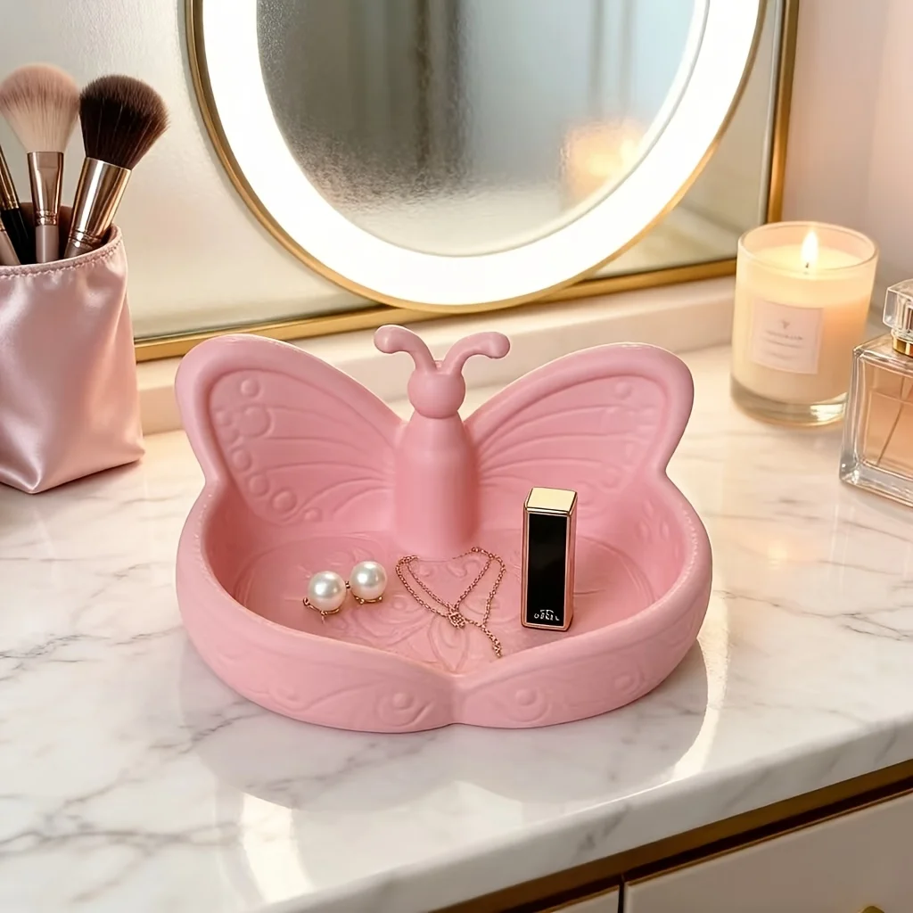 Pink Butterfly Desktop Storage Tray Compact Tabletop Jewelry Organizer Dressing Table Small Accessories Holder