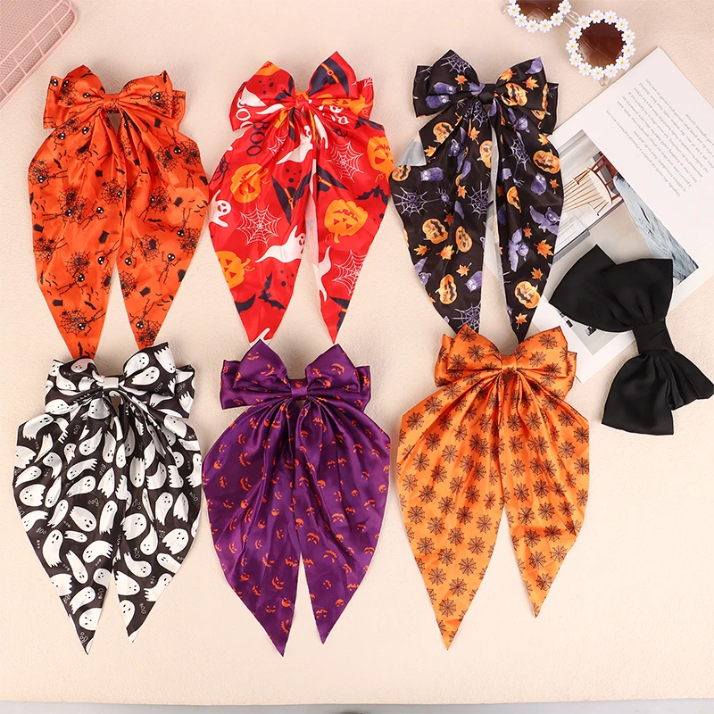 Halloween Bow Tie Hair Clip Fabric Print Ghost Spider Web Pumpkin Streamer Spring Clip Hairpin Party Hair Accessories