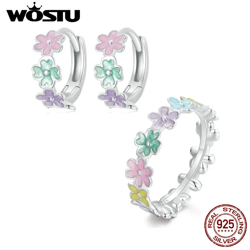 WOSTU 925 Sterling Silver Colorful Drop Oil Flower Ring Earrings For Women Stackable Wedding Party Jewelry Girl Birthday Gift