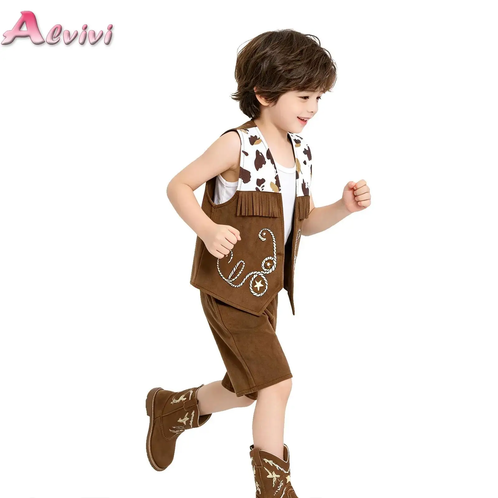 Kids Western Cowboy Vest Costume Boys Girls Print Fringed Waistcoat Cowgirls Outfit for Halloween Carnival Cosplay Dress Up