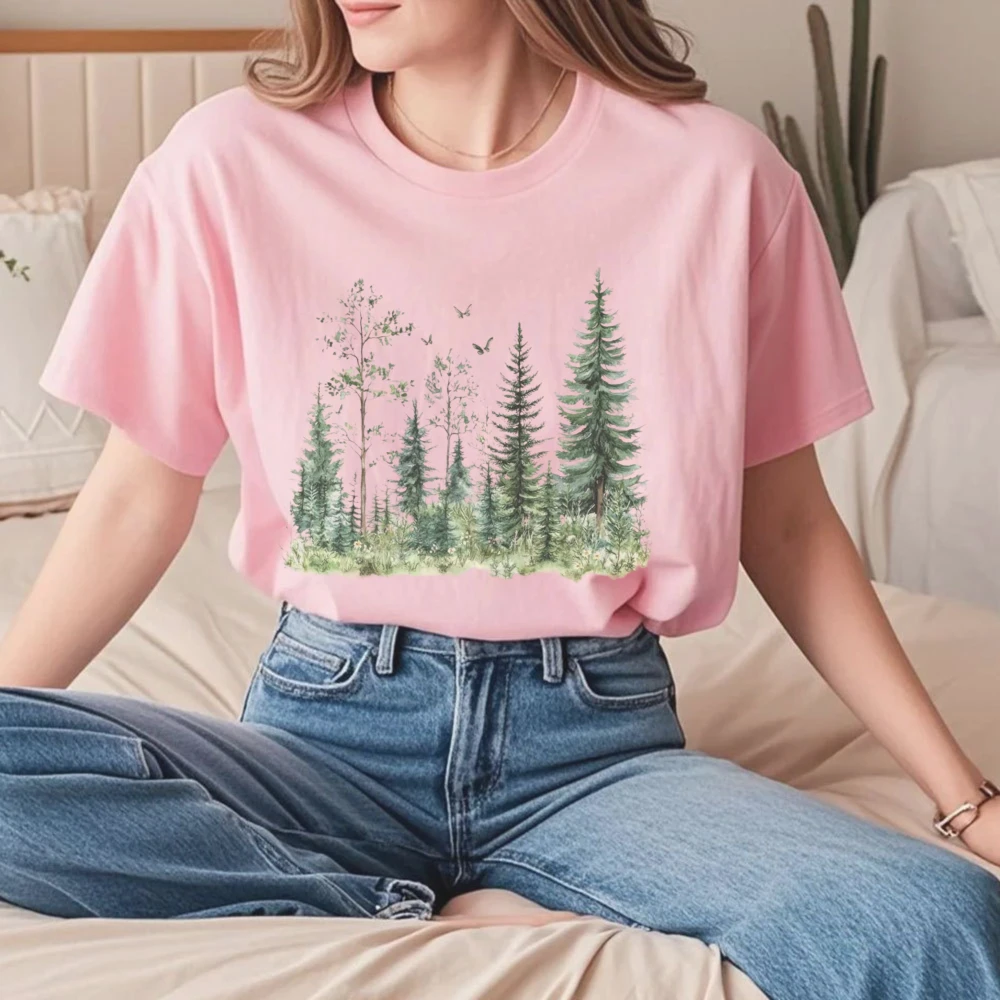 Forest Tree Line Sketch Nature TShirt Outdoorsy Tee Woodland Clothing Women Loose O Neck Short Sleeve Tshirt Pattern Printed
