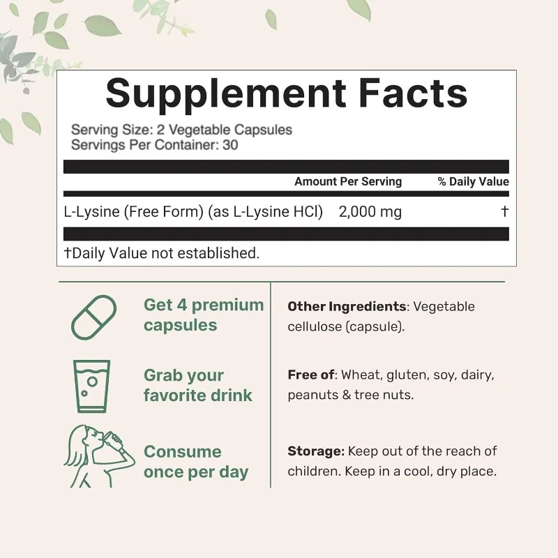 L-lysine النقي 2000 ملغ دعم المناعة الأحماض الأمينية الأساسية 60 كبسولة #5