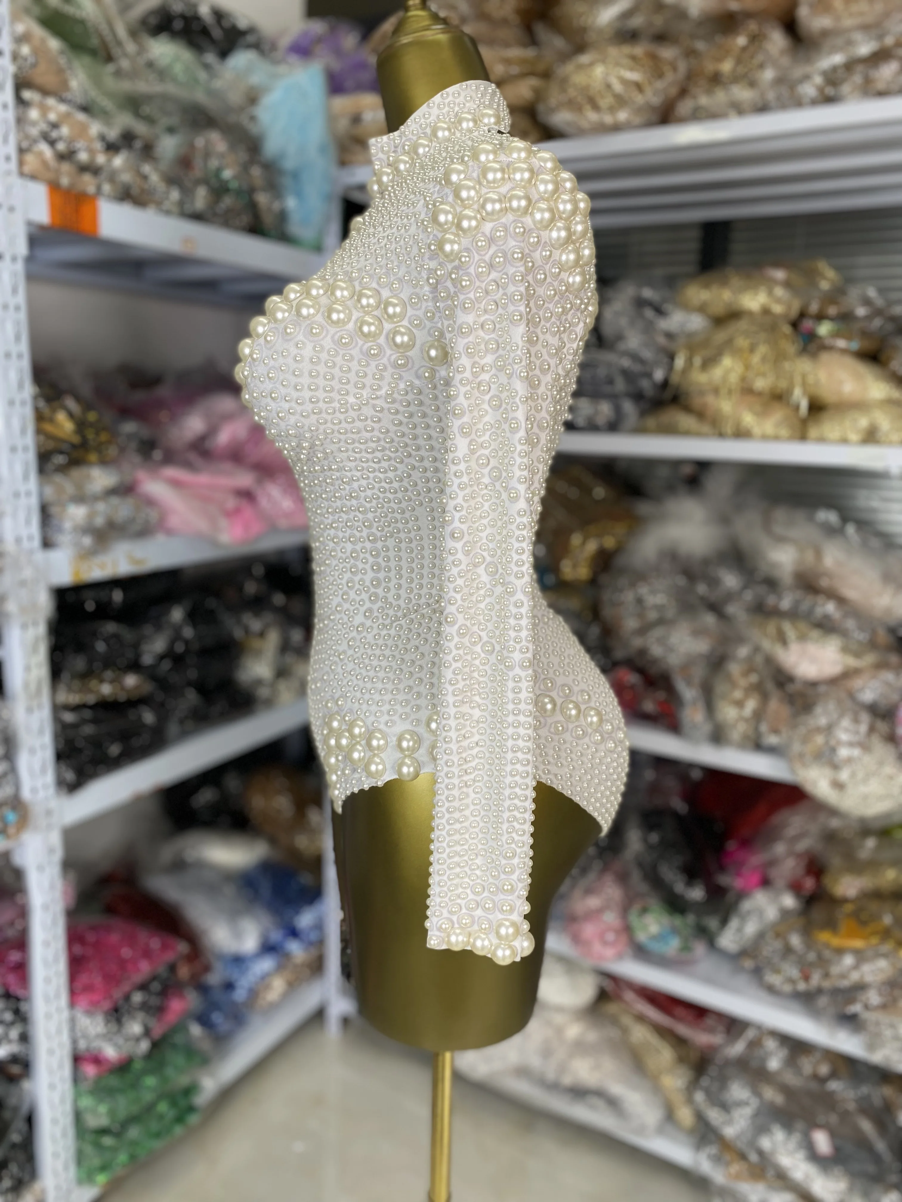 Body dolcevita a maniche lunghe con perle bianche di lusso, costumi da spettacolo per discoteca, body da palcoscenico per feste, dropship