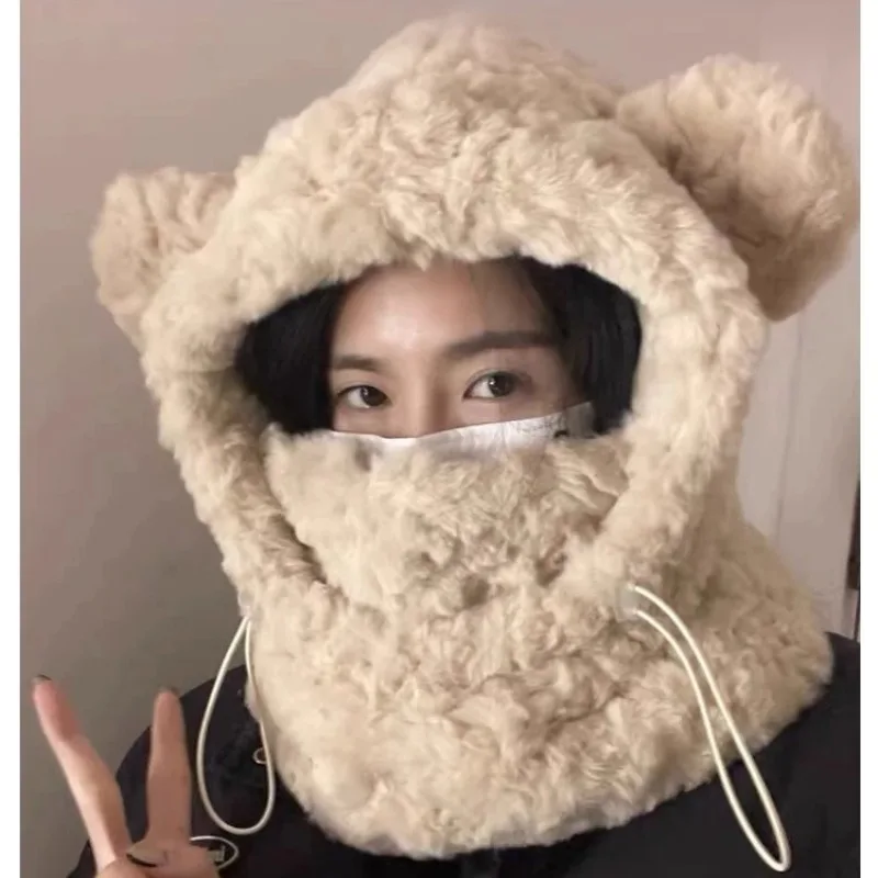 女性の冬用暖かいぬいぐるみ帽子スカーフセットかわいいクマの耳ビーニー、防風フード付きスカーフオールインワン耳保護キャップ