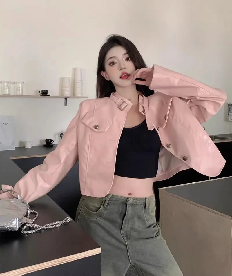 Leather Cropped Jacket Stand Collar Button Design Pink Spring Vintage Long Sleeves Women Coat Solid Windbreaker Korean Fashion