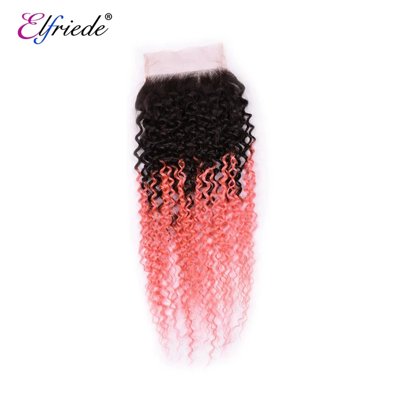 Elfriede #T1B/Pink Kinky Curly Ombre Color Hair Bundles with Closure 100% Remy Human Hair Wefts 3 Bundles with Lace Closure 4x4