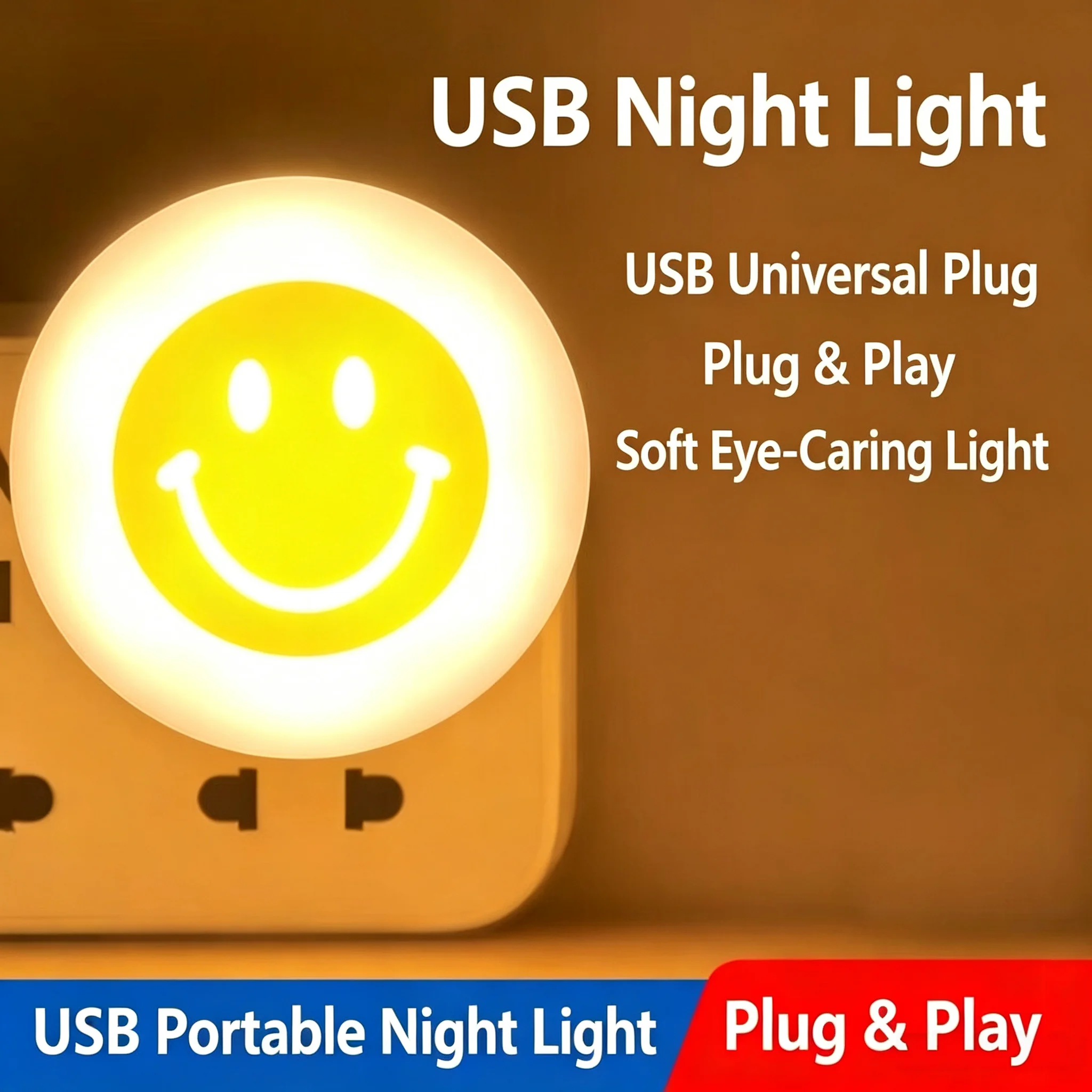 USB Smiley Face Night Light 4/6/10Pcs with Type‑C & Lightning Adapter, Plug & Play Soft Bedside Lamp