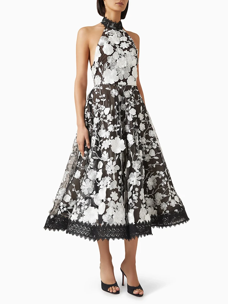 A-Line Floral Lace Halter Neck Dress – Elegant Black & White Midi Dress for Special Occasions and Evening Parties Romantic Gown