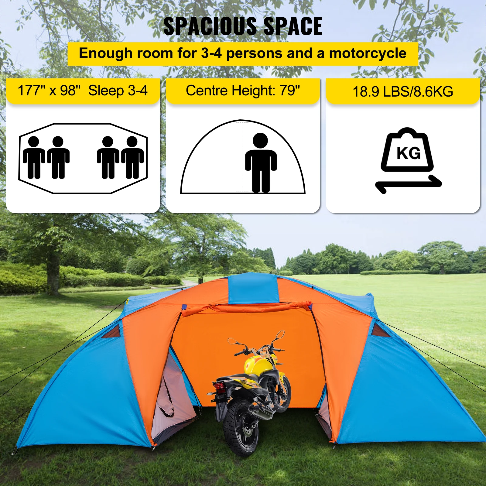 VEVOR Motorcycle Camping Tent 3-4 Person Motorcycle Tent for Camping Waterproof Backpacking Tent w/Integrated Motorcycle Port