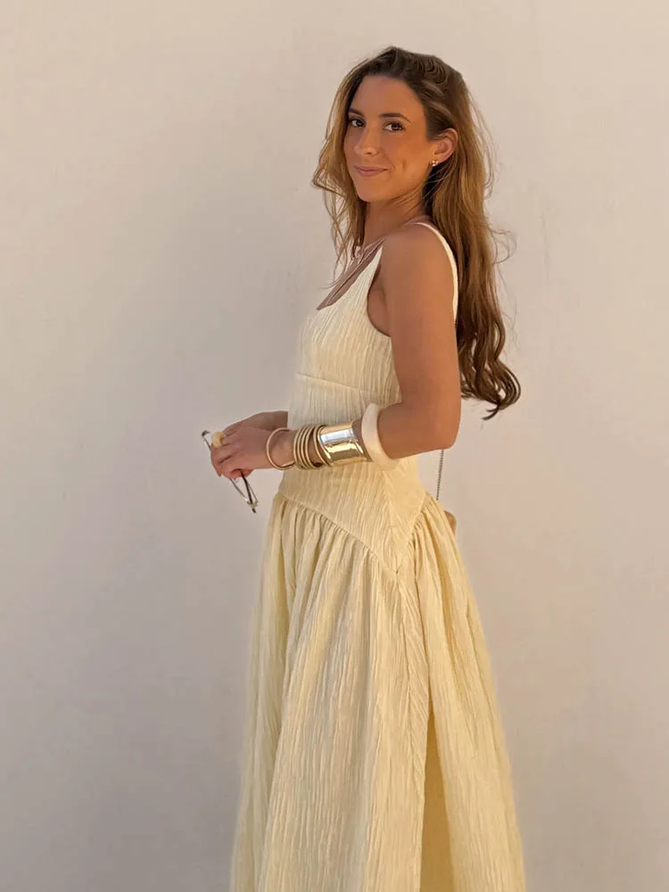 HH Women's Fashion Textured Backless Square Neck Slim Midi Sleeveless Dress Female Sexy Elegant High Waist Long Sling Dress