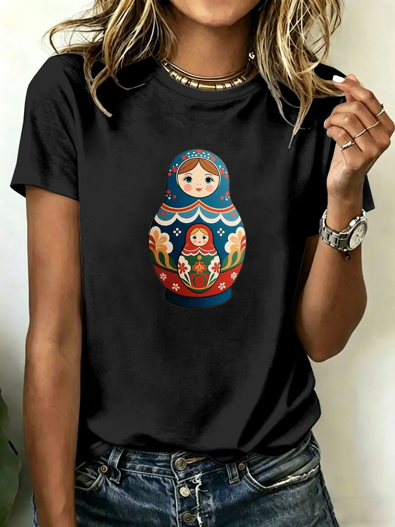 180-gram pure cotton Plus-size women's T-shirt featuring vibrant Russian Matryoshka doll graphic, comfortable breathable swea