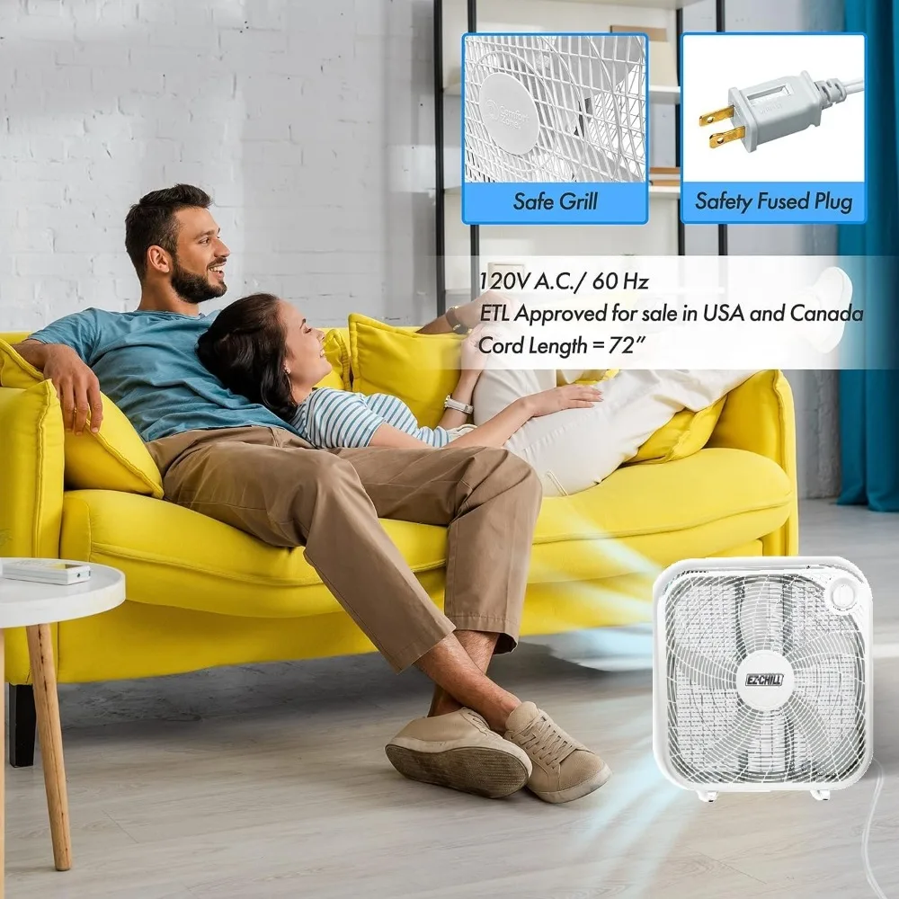 20" Box Fan, 3 Speed Ful Force Air Circulation, Ideal for Home, Bedroom, & Office, White