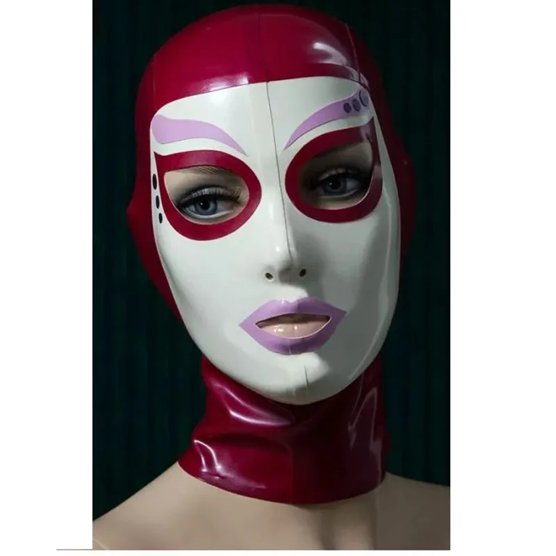 

Sexy Rose Red Latex Hood Rubber Mask White Face Open Eyes Mouth with Back Zipper