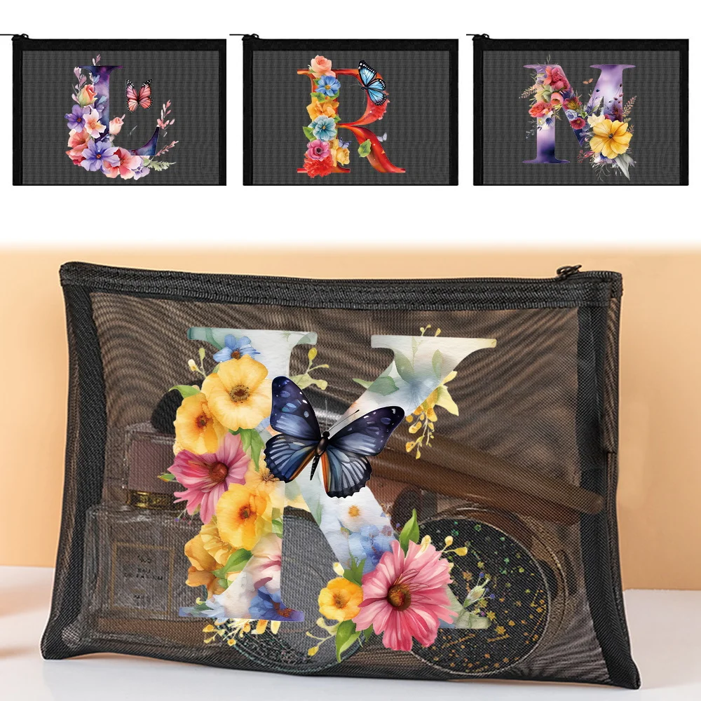 Mesh Makeup Bag Cosmetic Bag Travel Storage Female Make Up Pouch Portable Multifunction Printing Series Butterfly Letter Case