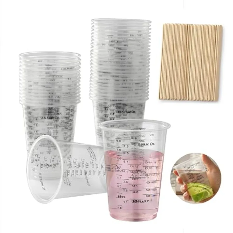 

40PCS Measuring Mixing Cups Little Cook 8oz Disposable Clear Plastic Resin Epoxy Paint Mixing Cups with 40pcs Wooden Stirring S