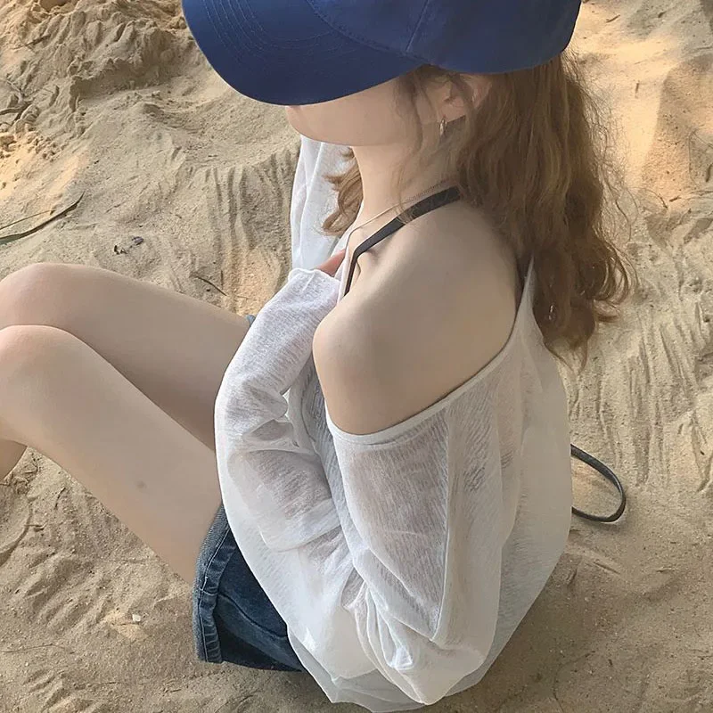 Verão com decote em v protetor solar pulôver feminino casual solto fino manga longa branco t camisa feminina ao ar livre ver através de praia topos