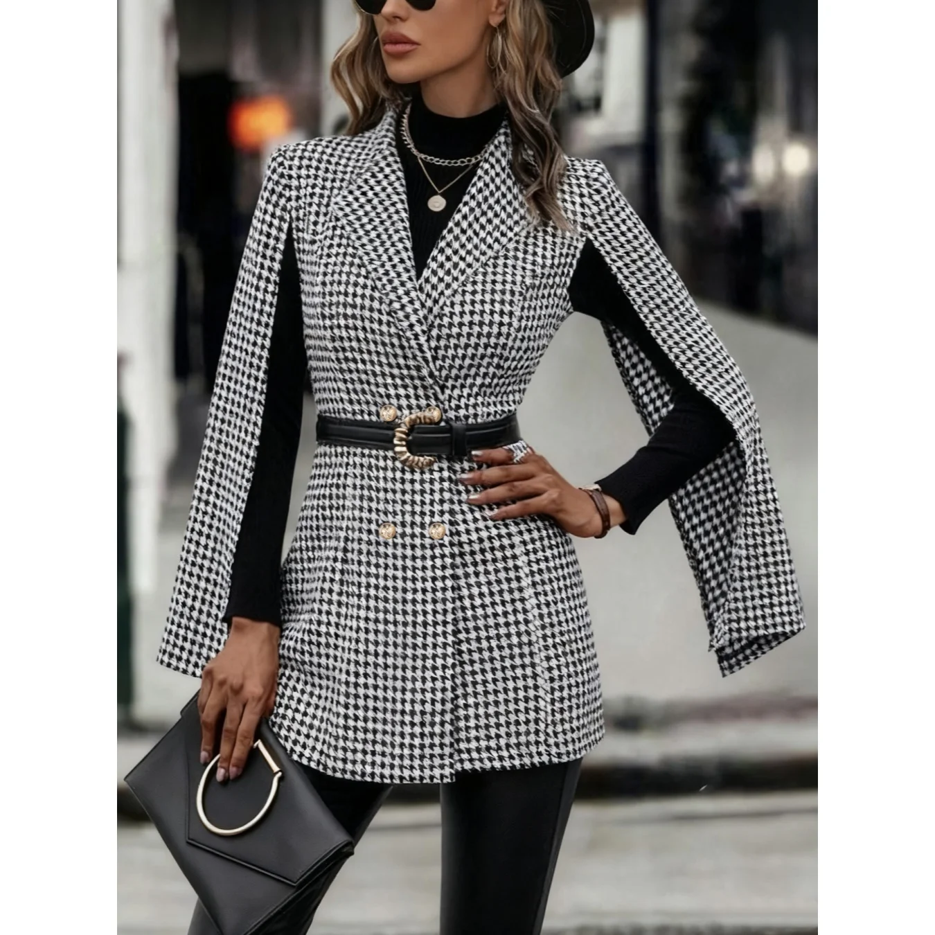 Black White Plaid Tighten waist Medium length Blazer Women's Slim fit Slimming Workplace Temperament Elegant Coat Bell sleeves