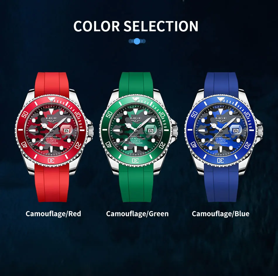 LIGE Outdoor Sport Quartz Wristwatch Creative Red Camouflaged Mens Watches Luminous Date Watch Man Male Clock Waterproof