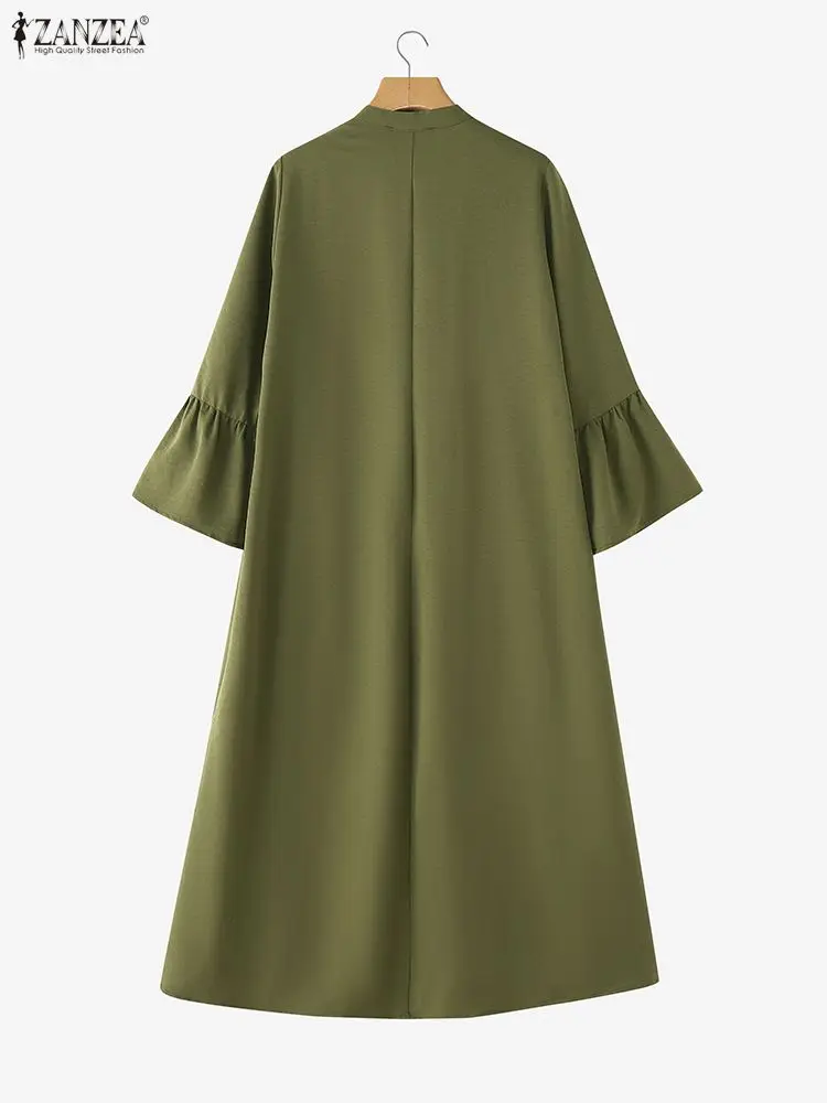 Zanzea vestido feminino casual linha a em camadas, outono 2021, cor sólida, decote em v, manga larga, meio botões, midi, vestido longo