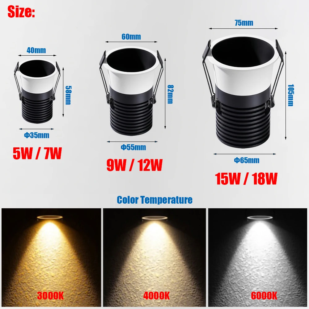 Dimmable Recessed Anti Glare COB LED Downlights 5W 7W 9W 12W 15W LED Ceiling Spot Lights AC85~265V Background Indoor Lighting