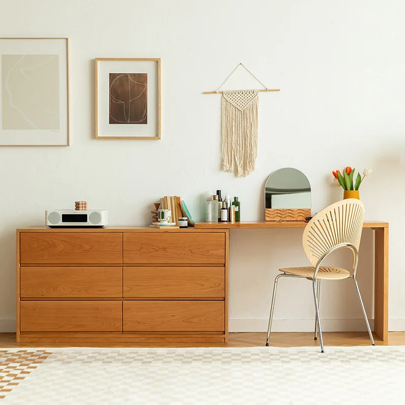 

Nordic solid wood chest, dresser integrated household bedroom corner L-shaped folding makeup table cherry wood locker
