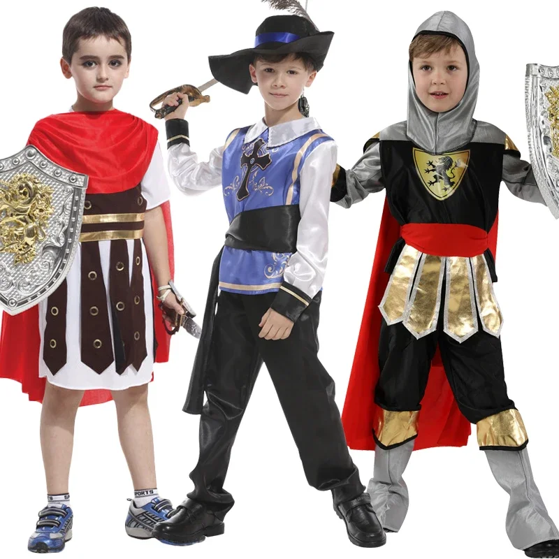 Kids Boys Royal Warrior Knight Costumes Soldier Children Medieval Roman Attached Cape Halloween Carnival Party No Weapon