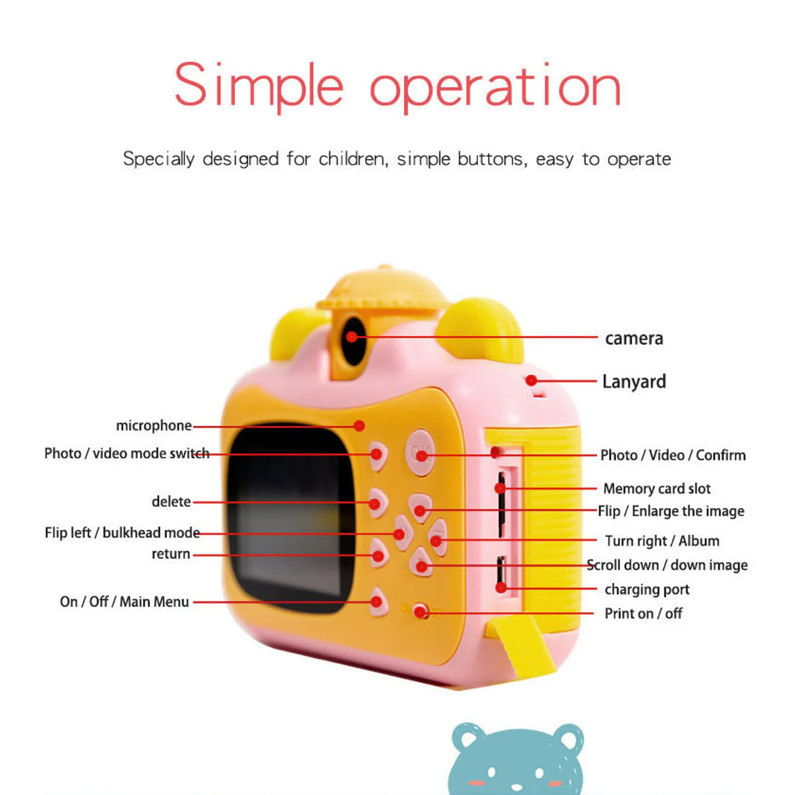 Fotocamera digitale per bambini 1080P per bambini carina 12MP 180 °   Fotocamera con stampa istantanea con obiettivo ruotabile con schermo IPS da 2,4 pollici