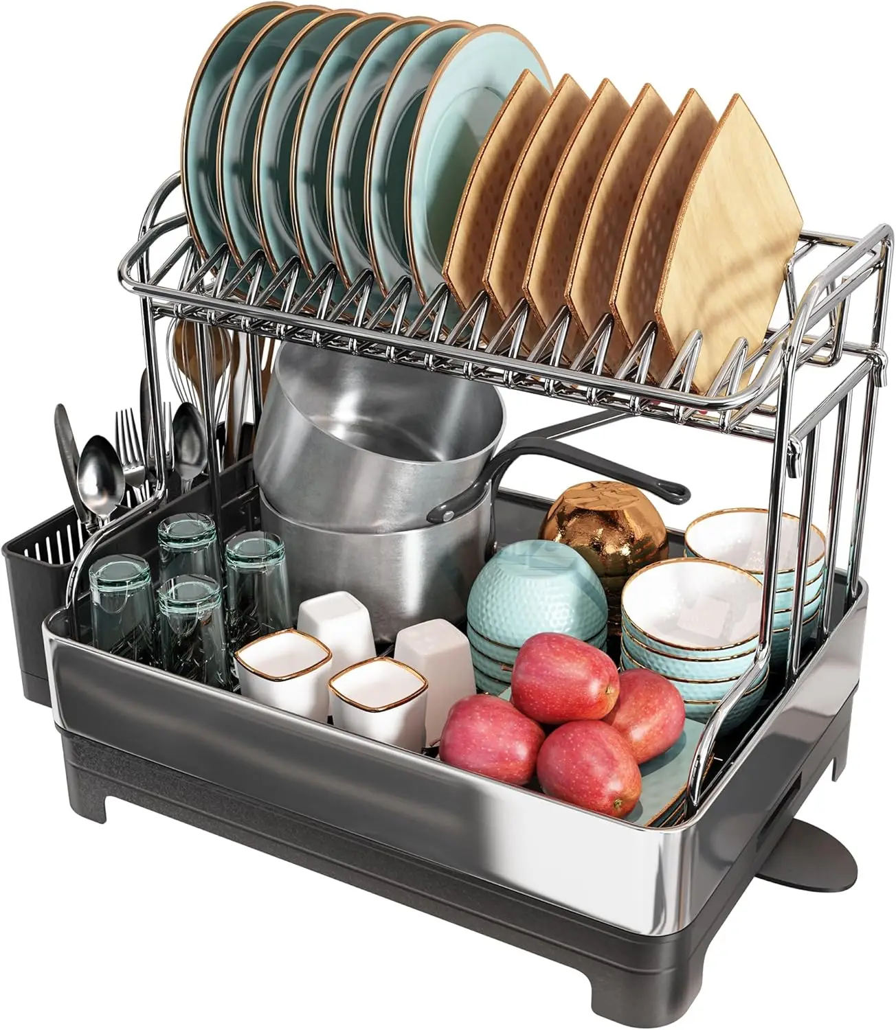 romision Dish Drying Rack, 304 Stainless Steel 2 Tier Large Dish Rack and Drainboard Set with Swivel Spout Drainage