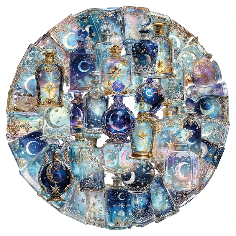50 Stück magische Mond-Aufkleber, Vintage-Glasflaschen-Aufkleber, transparent, PET, Zaubertrank-Aufkleber für Sammelalben, Tagebücher, Schreibwaren