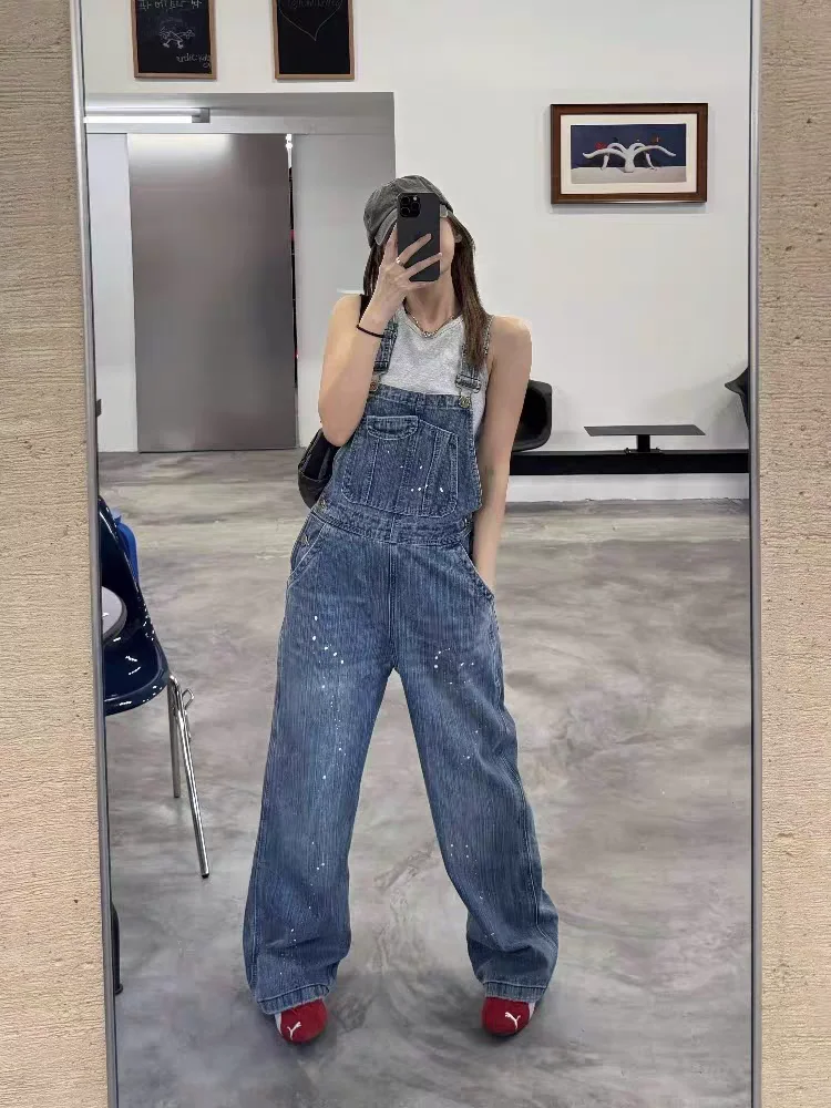 

Выцветшие джинсовые комбинезоны в стиле ретро, женские летние американские уличные дизайны, свободные прямые широкие комбинезоны, повседневные хлопковые джинсы