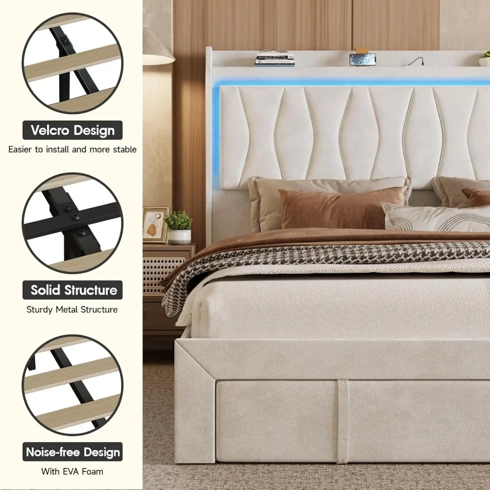 Bed Frame with LED Light and 3 Drawers Storage, Charging Station Wingback Tall Headboard, Upholstered Velvet Platform Bed Frame