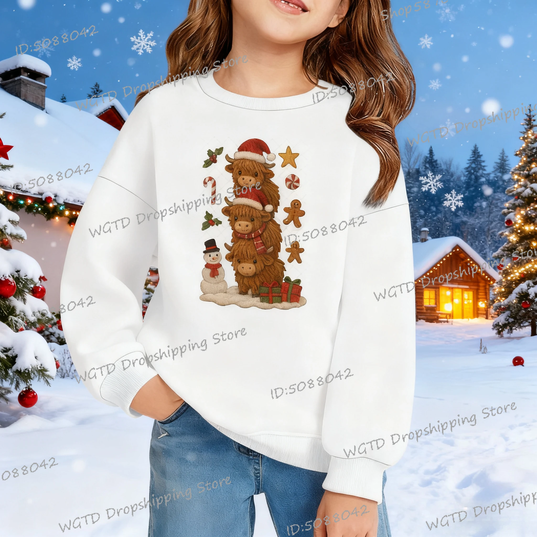 

Mountain Cattle Christmas Long Sleeve Sweatshirts for Boys Girls Xmas Clothing Casual Cartoon Merry Christmas Pullover Gifts