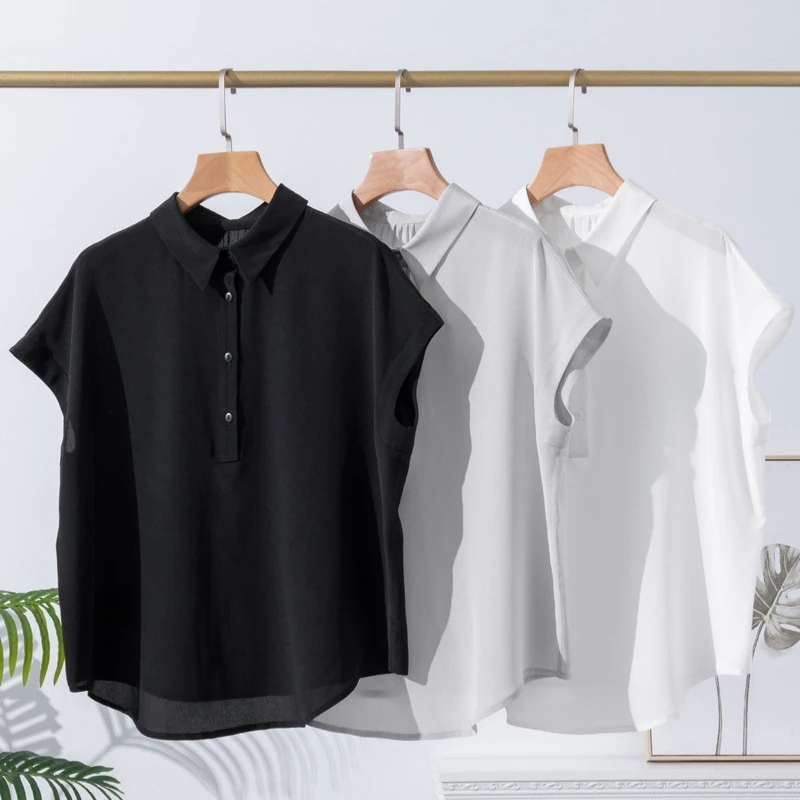 

Birdsky, 1PC Women short sleeve shirts blouse pullover Top button placket 100% real mulberry silk 3 color. S-1031