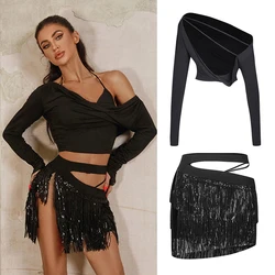 New ZYM Latin Dance Clothes Slant Shoulder Tops Seuqin Tassel Skirt Adult Cha Cha Rumba Performance Costume Black Dress DNV21381
