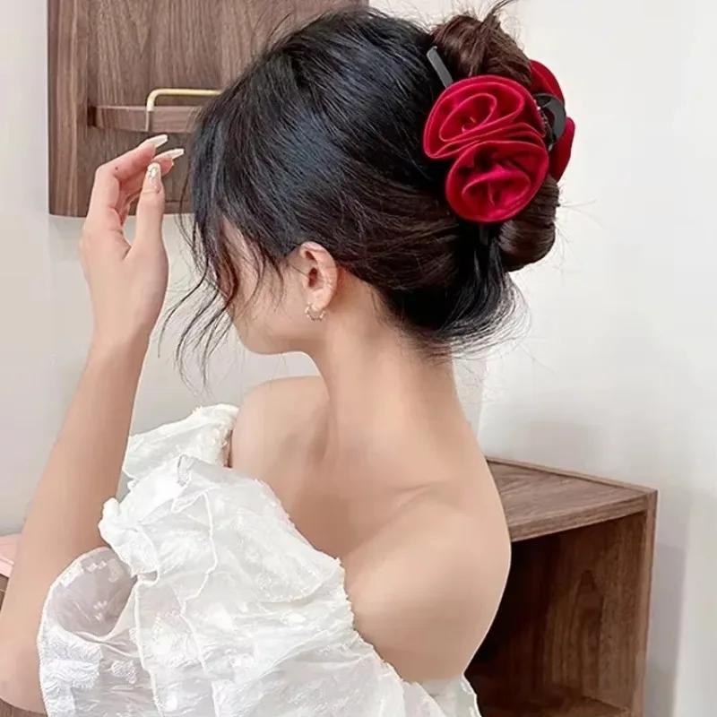French Big Double Rose Flower Hair Claw Clips for Women Girls Vintage Satin Solid Fabric Handmade Shark Hairgrip Accessories New