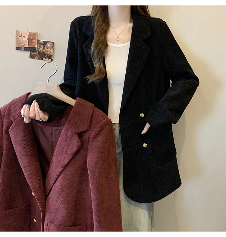 2024 Fall/Winter New Chubby Girl Plus Size Women's Suit Jacket Korean Style Design Corduroy Blazer Fashion Casual Lady Coat Top