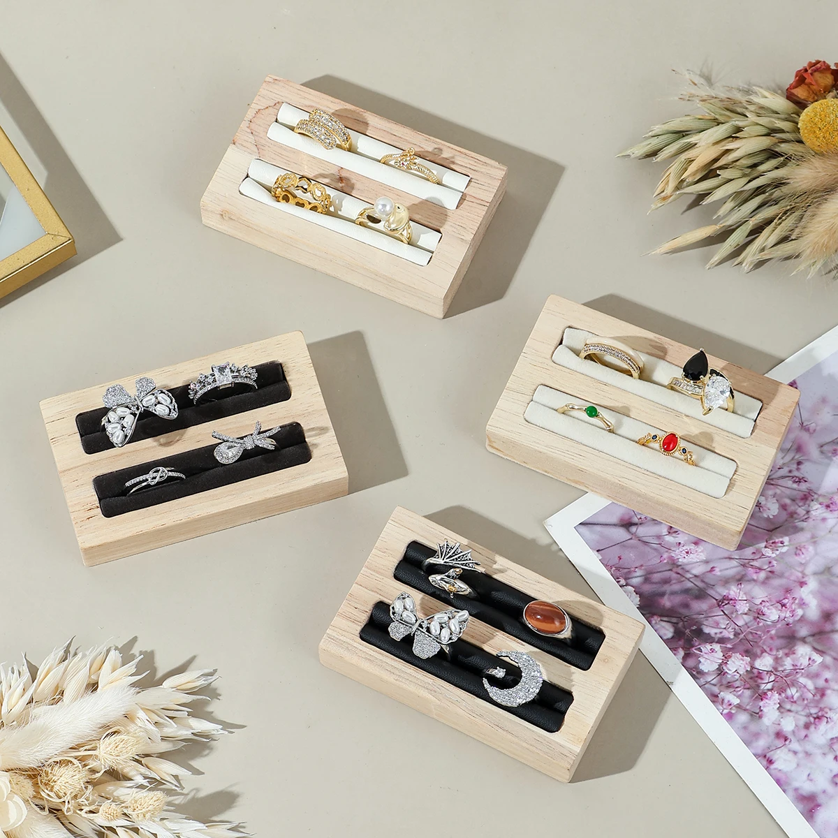 

1-piece elegant wooden double-slot ring display stand, jewelry storage board, countertop jewelry display props, solid wood ring