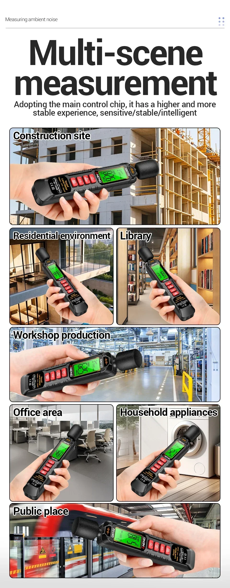 ANENG GN102 Tragbarer Schallpegelmesser 30-130dB A-gewichteter Dezibel-Tester Hintergrundbeleuchteter Bildschirm Datenspeicherung Max/Min Automatische Abschaltung – Detail 2