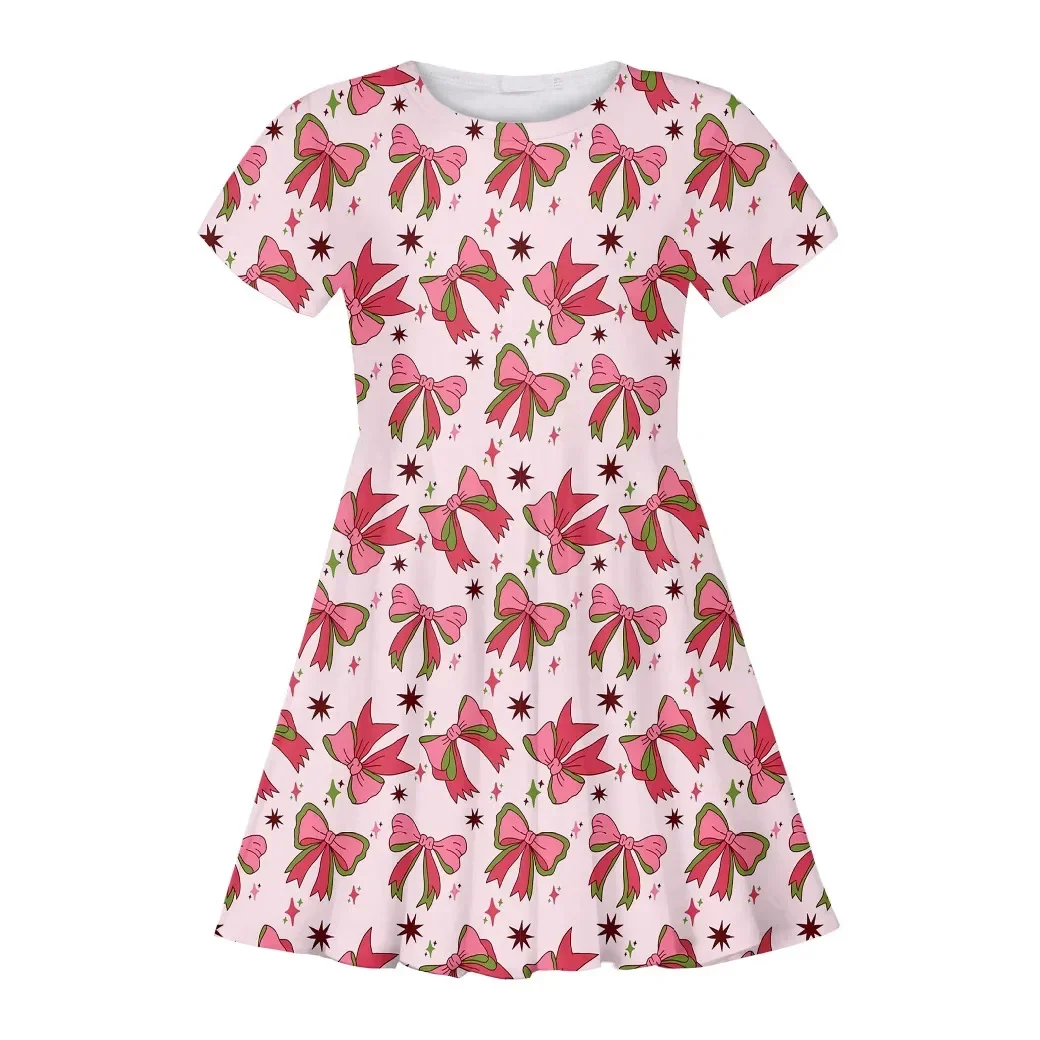 3D Digital Printed Short Sleeved Dress with Bow, Sweet and Caring Casual Princess Skirt