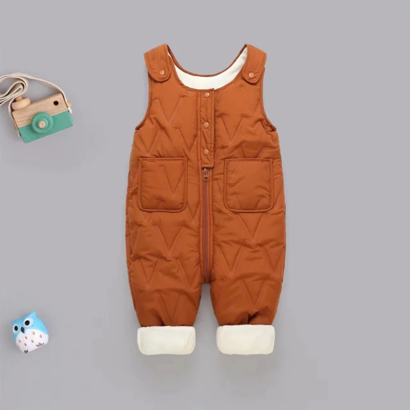 2026 Autumn and Winter New Children's Solid Color Thickened Cotton Shoulder Strap Zipper Jumpsuit