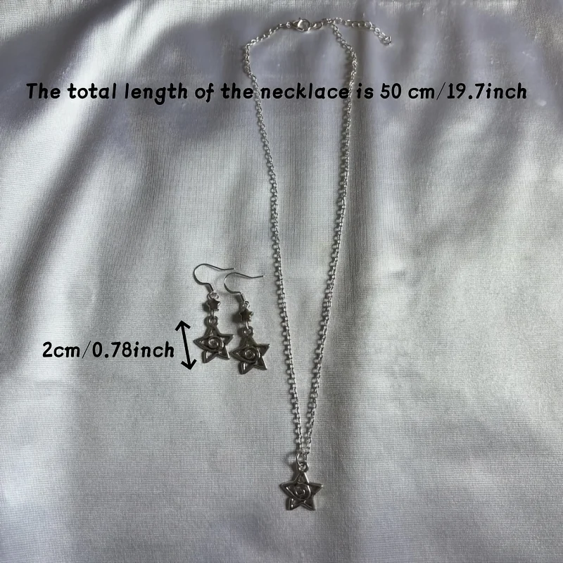 Y2K Whimsygoth Silvery Star Earrings or Necklace Set, Spiral Pentagram Unique Goth Handmade Jewelry, Gifts for Her