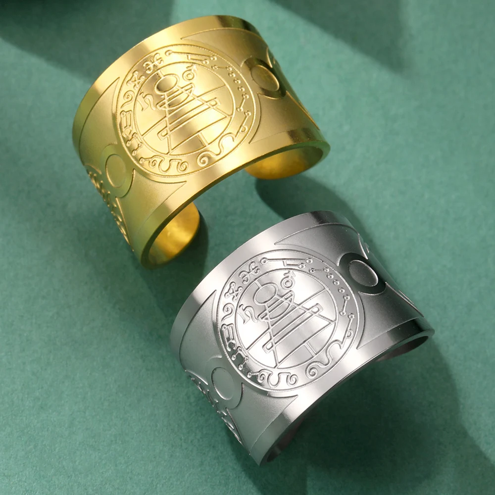 ثروة ثروة تعويذة كابالا قابل للتعديل خاتم الرجل سليمان سر ختم الاصبع خاتم الفولاذ المقاوم للصدأ والمجوهرات للماء رمز الشمس والقمر حامي  الفولاذ المقاوم للصدأ خواتم للرجال والنساء