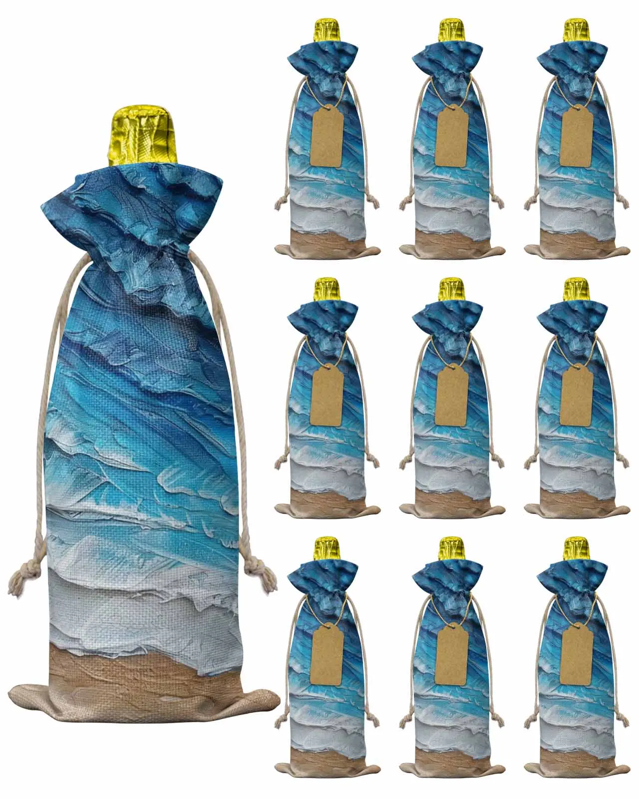 10pcs Ocean Waves BeachWine Bottle Bag with Drawstring Festive Party Decor Wine Bottle Covers Gift