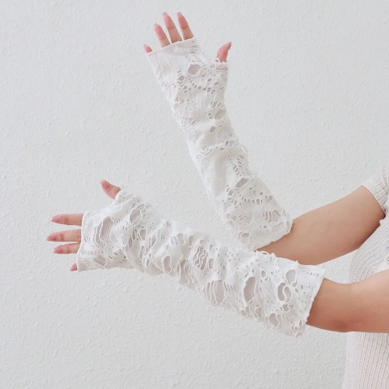 ถุงมือฮาโลวีนแบบเจาะรูครึ่งนิ้ว ปลอกแขน ถุงมือตกแต่ง การถ่ายภาพ Y2K แฟชั่นผู้หญิงสีเข้ม นิ้วโป้ง