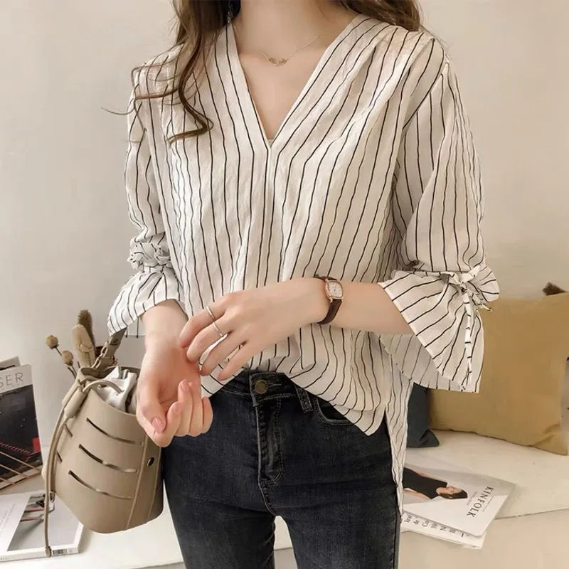 Korean V-Neck Female Flare Sleeve Striped Blouse 2023 New Casual Women\'s Clothing All-match Stylish Folds Spliced Shirt Summer