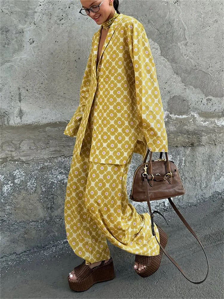 

Модный комплект из 2 предметов с принтом: элегантный кардиган с контрастными вставками и прямые брюки с высокой талией для женщин