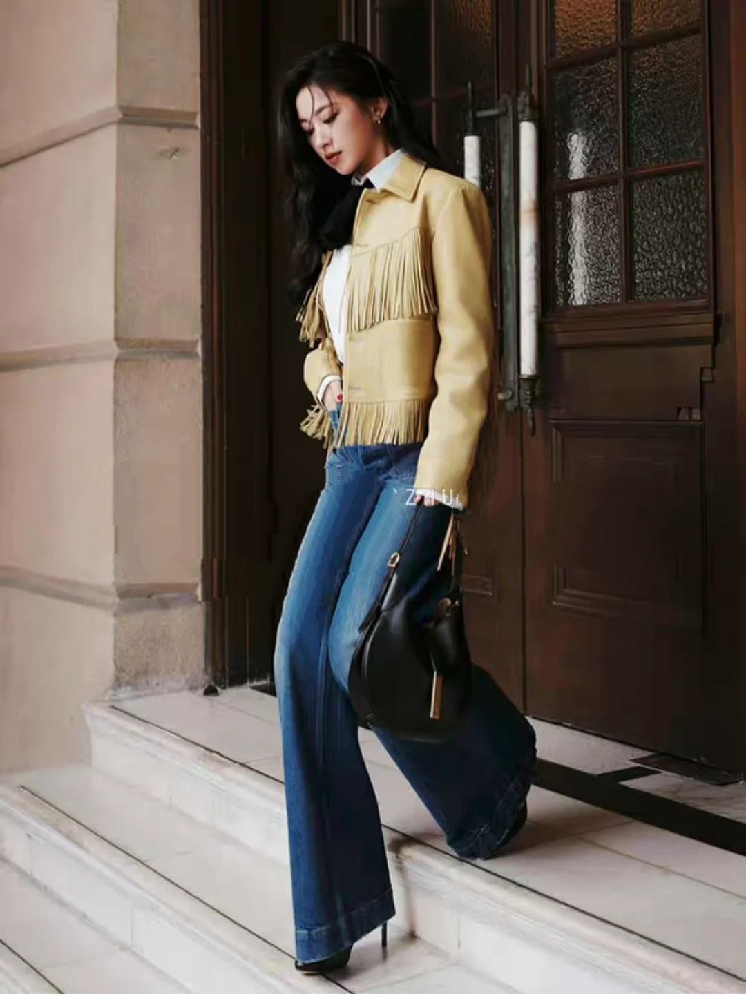 Fringed Western Denim Leather Jacket Outwear Women's Classy Pockets Single Breated Geniune Leather Short Jacket